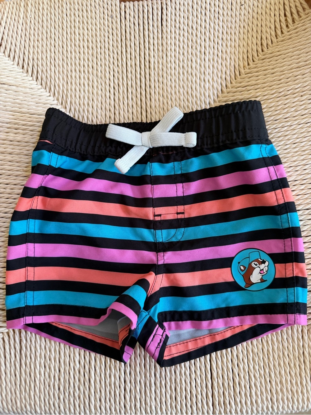 Kids Striped Swim Shorts in Black, Pink & Teal with Cartoon Patch